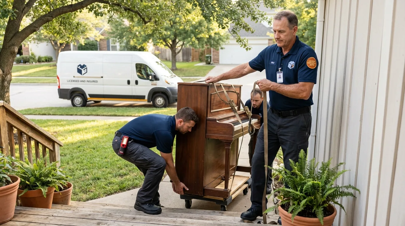 Licensed piano movers securing grand piano in Hudson, CO