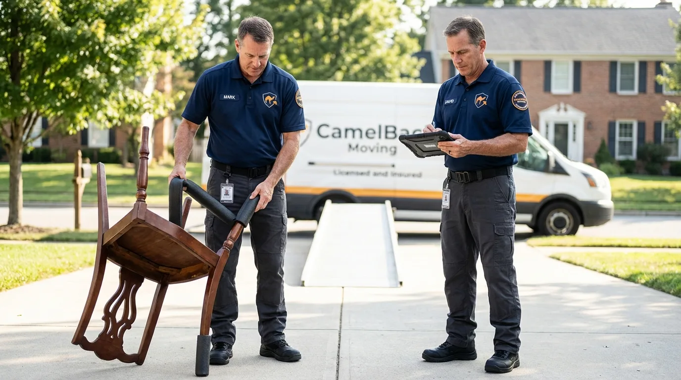 Movers inspecting furniture for damage prevention before loading in Hudson, CO