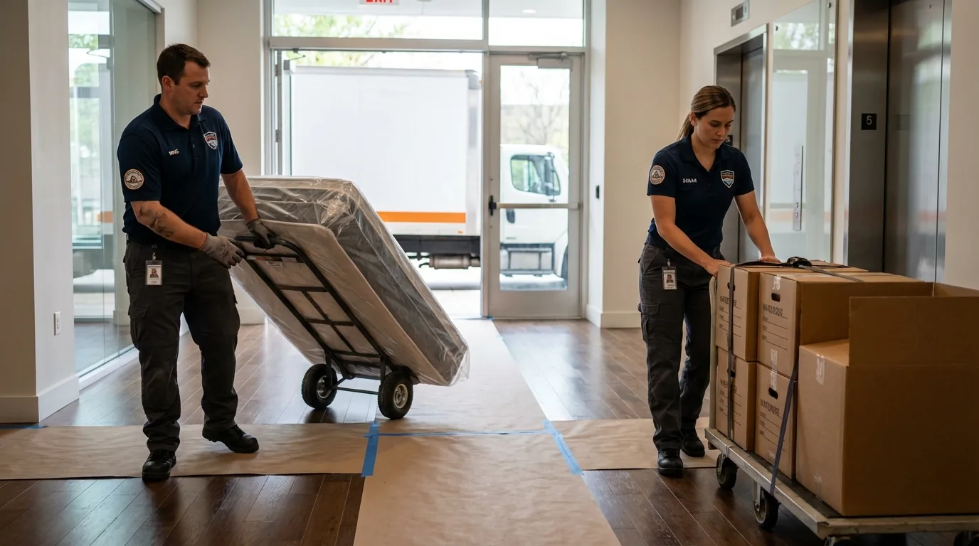 Professional apartment movers loading elevator in Hudson, CO